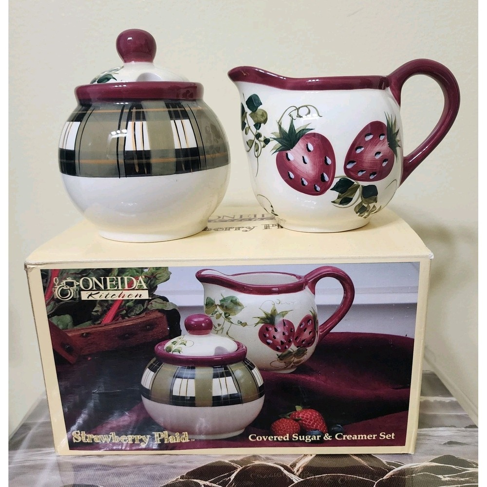 Oneida Kitchen Strawberry‎ Plaid Ceramic Sugar Bowl & Creamer Set & Box Country